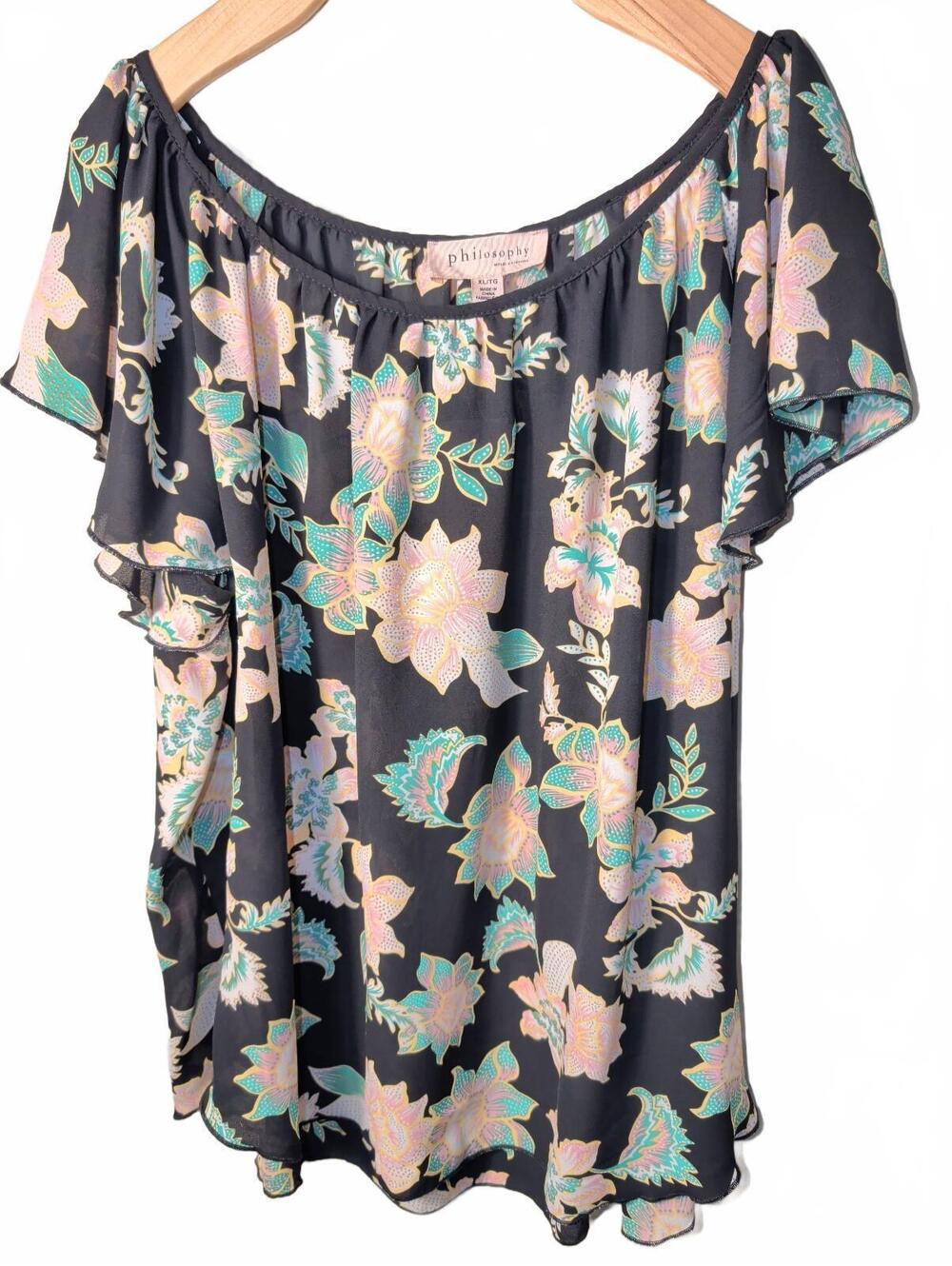 Philosophy Republic Blouse Top Womens XL Black Pink Floral Romantic Coquette New - Picture 1 of 9